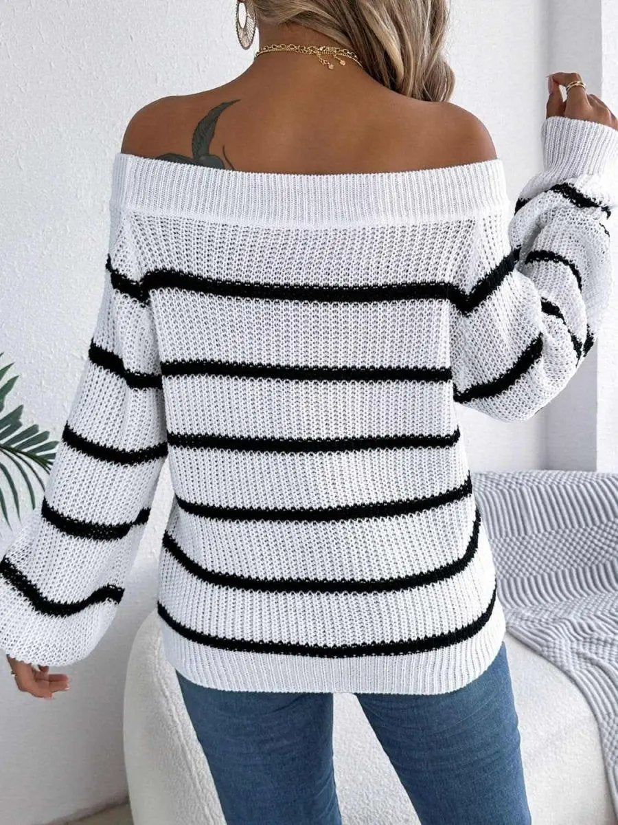 Striped Off-Shoulder Long Sleeve Sweater - Love Salve